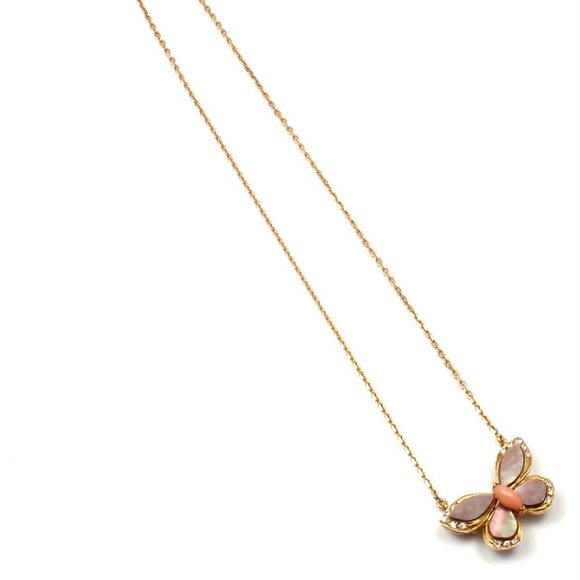 VAN CLEEF & ARPELS 18k Yellow Gold Diamond MOP Coral Butterfly Brooch Necklace - Picture 7 of 12